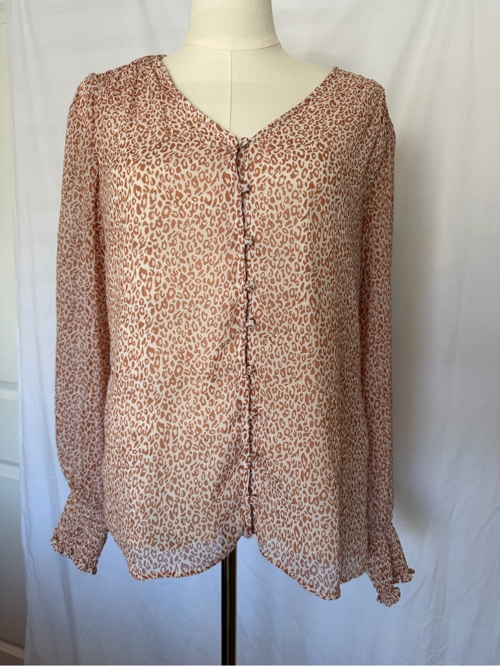 Woven Leopard Print Button-Front Blouse in Light Brown